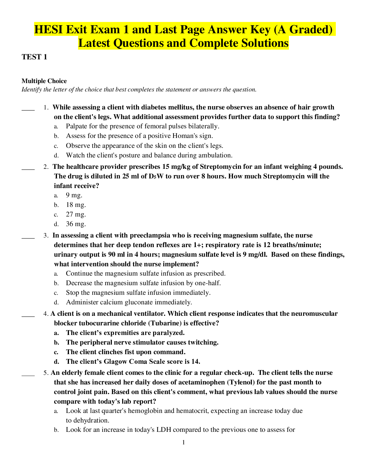 Preview image for HESI Exit Exam 1 and Last Page Answer Key (A Graded) Latest Questions and Complete Solutions